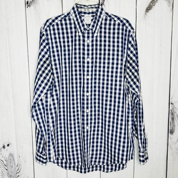Brooks Brothers Shirt Mens Sz L Blue Check Regent Non Iron Supima Cotton - Picture 1 of 9